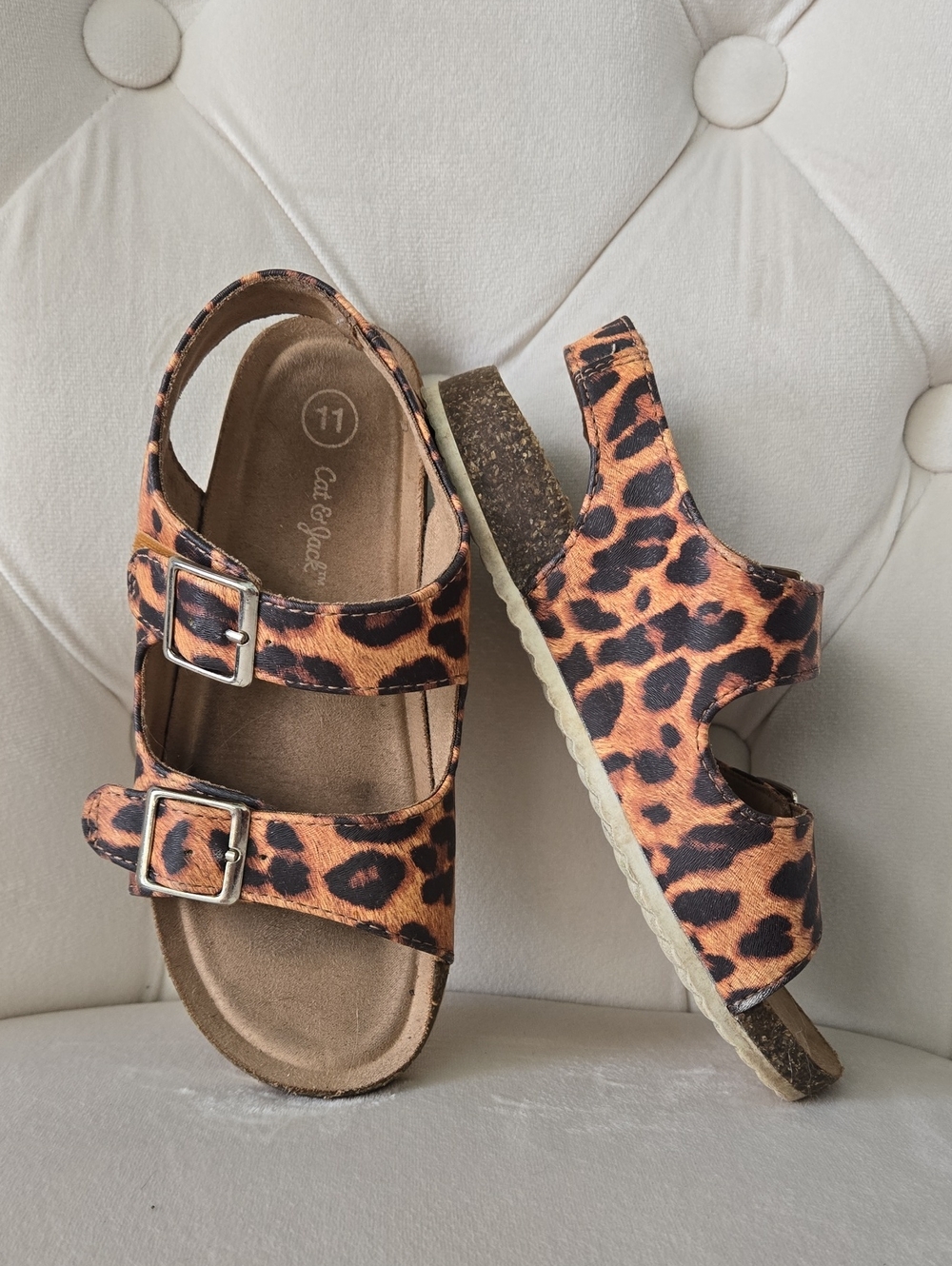 Cat & Jack Leopard Print Buckle Sandals - Brown/Black, Good Used Condition